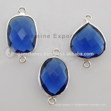 Connecteurs de montage en lunette en argent sterling en vrac 925, connecteurs en pierre gemme en quartz bleu en saphir